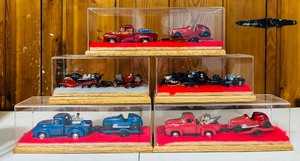 lot 141 image: Vintage Truck & Trailer with Race Cars and Trailer Truck with Motorcycles in Display Boxes