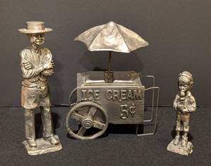 lot 21 image: Michael Rickter Pewter Ice Cream Cart and Figurines