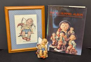 lot 51 image: Framed Hummel Needlepoint, Figurine and Book