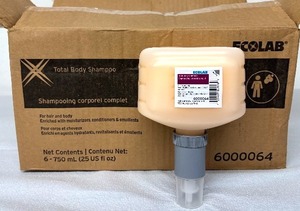lot 57 image: MSRP $120 1 Case (6-750ml dispensing bottles) NEW Ecolab Total Body Shampoos -Clean Scent, Gentle Hair & Body Cleanser with Moisturizers & Conditioners, SkinSAFE 82% Top Allergen Free, Ideal for Everyday Use or Bedridden Patients