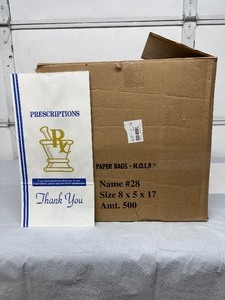 lot 55 image: 1 Case 500 Bags NEW Pharmacy Prescription Paper Bags  8x5x17, Durable & Convenient for Pharmacies, Medical Offices, Clinics, or Retail Use  Perfect for Safely Dispensing Prescriptions, Medications, Over-the-Counter Products, or Other Items