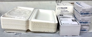 lot 50 image: Mixed Medical Supply Lot  Medline Polyethylene Gowns XL (15), Falcon 3 mL Transfer Pipets (500), 5 Sealed Plastic Bottles, Bulk Disposable Containers, & New McKesson Sterile Adult Tongue Depressors (100)  Must-Have Healthcare Essentials