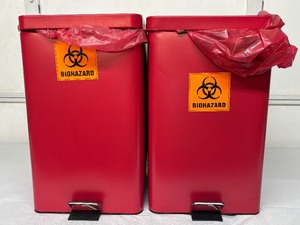 lot 63 image: Lot of 2 McKesson 8-Gallon Biohazard Waste Bins  Durable HDPE with Foot-Operated Lid, Clearly Marked BIOHAZARD, Safe for Biological Waste or General Storage  Ideal for Home, Office, Garage, Labs & More  Great Condition