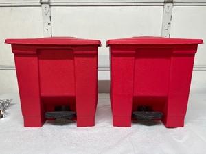 lot 64 image: Lot of 2 Rubbermaid Commercial Step-On 8-Gallon Waste Containers  Red, Hands-Free Foot Pedal, Slow-Close Lid for Odor & Bacteria Control, Durable Puncture-Resistant Plastic  Ideal for Commercial, Home, Office, Garage or General Use