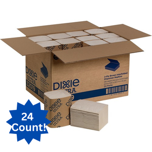 lot 40 image: NEW case of Dixie Ultra Interfold 2-Ply Napkin Refills. 24 packs of 250 (6,000 total). Brown 6.5x9.9 in napkins for Dixie Ultra dispensers. One-at-a-time design reduces waste & improves efficiency.