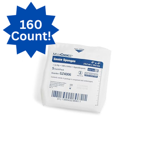 lot 80 image: New Case of MediChoice All-Purpose Gauze Sponges 160 Count of 4x4, Non-Woven, Sterile, Soft RayonPolyester Blend  Highly Absorbent, Low Lint, Ideal for Wound Cleaning, Prepping, Ointment Application & General Clinical Use