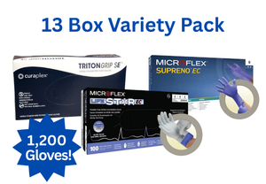 lot 10 image: MSRP $300 13 Boxes NEW Premium Nitrile Gloves 1,200 Total Variety Curaplex Tritongrip XXL Black, MICROFLEX Supreno EC L, LifeStar M & S Sizes Powder-Free, Textured Fingertips, Durable, Splash & Chemical Resistant, HealthcareHigh-Risk Use