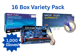 lot 16 image: MSRP $400 16 Boxes of NEW Ansell Premium Nitrile Gloves- Variety Of MicroFlex Supreno EC Large, LifeStar Medium & Cobalt X-Large 1,000 Total, Powder-Free, Latex-Free, Textured Grip, Durable & Strong, Extended Cuff Professional Gloves