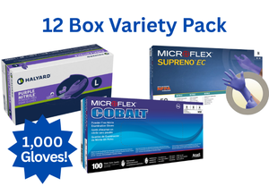 lot 13 image: MSRP $350 12 NEW Boxes 1,000 Premium Nitrile Gloves Total Variety of Supreno EC -L, Cobalt -M, & Halyard M & S Durable, latex-free & textured grip.&nbspAmazing tactile sensitivity and dexterity plus extended cuff