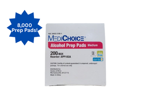 lot 98 image: 2 Cases NEW MediChoice Alcohol Prep Pads, Size Medium. 8000 Total sterile 2-ply pads, (4000 Per Case) each saturated with 70% isopropyl alcohol & individually wrapped. Ideal for injection prep & quick skin disinfection.