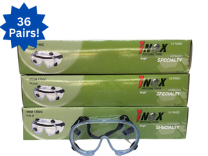 lot 8 image: 3 NEW Boxes (36 PairsGoggles) iNOX Pulsar 1790C Hazmat Safety Goggles -Anti-Fog Clear Lenses, UV & Impact Resistant, Splash Protection, Fits Over Glasses, ANSI Z87.1 Certified, US & EU Standards, Comfortable & Durable Eye Protection