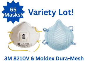 lot 6 image: 65 NEW N95 Masks High Performance Moldex  3M 65 total masks including Moldex Dura-Mesh respirators in Small, Medium & Large plus 3M 8210V masks. Quality protective construction gear in assorted styles and sizes.