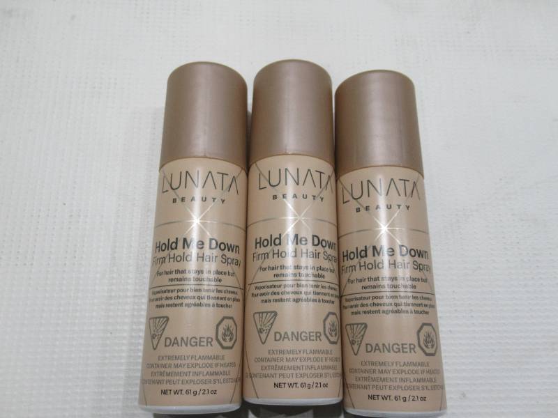 lot 921 image: NEW 3 Pack of Lunata Beauty - Hold Me Down Hair Spray - Travel size 2.1 oz Bottles
