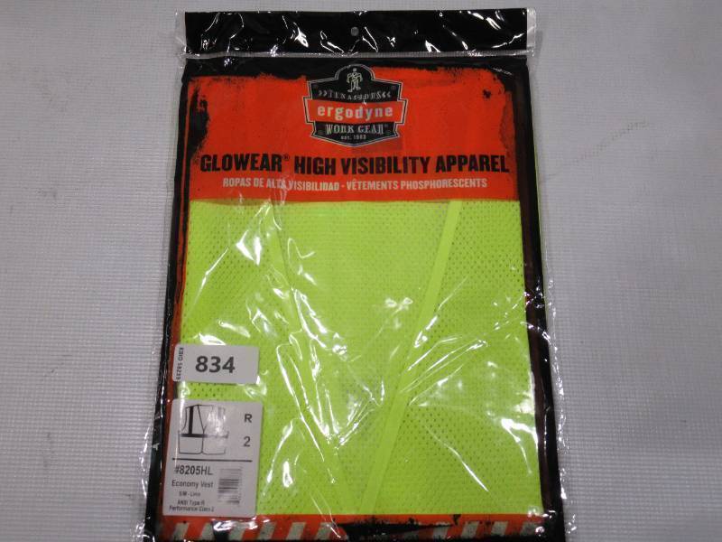 lot 834 image: NEW Ergodyne GloWear 8205HL Mesh Hi-Vis Safety Vest - Type R, Class 2, Hook  Loop, No Pockets - LIME - SM