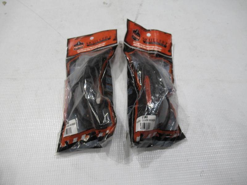 lot 722 image: NEW 2 Pack of Ergodyne Skullerz LOKI Convertible Safety Spoggles w Strap -Black-Silver Mirror