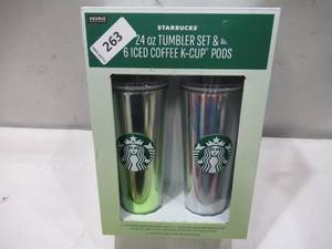 lot 263 image: NEW 24 oz Starbucks Tumbler Set with 6 Iced Coffee K-Cups, 2-count