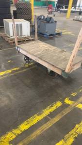 lot 334 image: Wooden Flatbed Industrial Cart with Iron Wheels