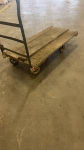 lot 369 image: Heavy Duty Wooden Platform Cart with Metal Handle and Swivel Casters