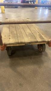 lot 373 image: Industrial Wooden Platform Cart with Metal Frame and Casters