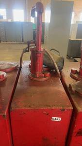 lot 433 image: Red Metal Fluid Dispenser with Hand Pump and Funnel
