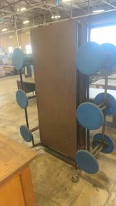 lot 487 image: Folding Cafeteria Table with Blue Attached Stools on Casters