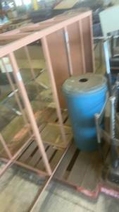 lot 653 image: Large Wooden Storage Rack with Blue Metal Trash Can