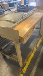 lot 692 image: Industrial Workbench with Metal Drawer and Assorted Chair Parts