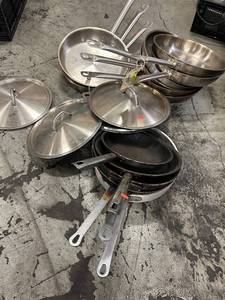 lot 993 image: Lot of Paderno Stainless and Cast Iron Fry Pans with Lids