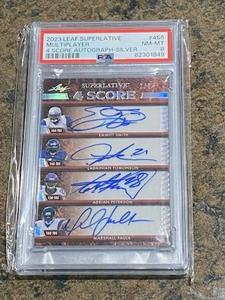 lot 6 image: Emmitt Smith, LaDainian Tomlinson, Adrian Peterson, Marshall Faulk 2023 Leaf Superlative 4 Score Quad Autograph-Silver #456 PSA Graded 8 - NFL Football Card