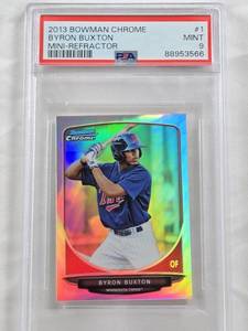 lot 10 image: Byron Buxton 2013 Bowman Chrome Mini-Refractor #1 PSA Graded 9 and Numbered 61125 - Minnesota Twins Baseball Card