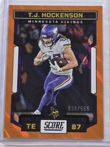 lot 34 image: T.J. Hockenson 2023 Panini Score Orange Foil #113 and Numbered 36565 - Minnesota Vikings Football Card
