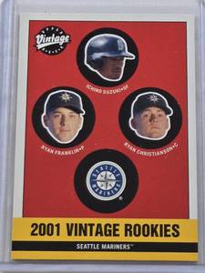 lot 63 image: 2001 Upper Deck Vintage Rookies #346 with Ichiro Suzuki, Ryan Franklin, Ryan Christianson - Seattle Mariners Baseball Card