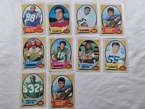 lot 90 image: Lot of 10 Vintage Topps Football Cards from 1970 Featuring John Mackey, Gino Cappelletti, Charlie Smith, Bob DeMarco, Ben Hawkins, Emerson Boozer, Rockne Freitas, John Elliott, and Lee Roy Jordan.