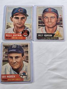 lot 92 image: Lot of 3 Vintage Topps Baseball Cards from 1953 Billy Johnson #21, Bill Glynn #171, and Irv Noren #35