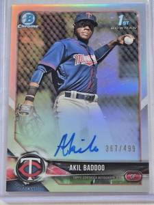 lot 104 image: Akil Baddoo Rookie 2018 Bowman Chrome Refractor On Card Auto #BCPA-AB and Numbered 367499 - Minnesota Twins Baseball Card