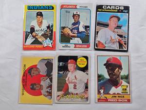 lot 118 image: Lot of 6 Vintage Topps Baseball Cards from the Mid 1970s with Gaylord Perry, Phil Niekro, Red Schoendienst, Jim Rice, Casey Stengel, and Don Larsen