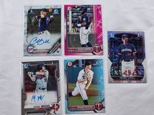 lot 128 image: Lot of 5 Minnesota Twins Baseball Cards Featuring Gabriel Maciel Auto, Andrew Bechtold Bowman 1st Auto, Misael Urbina Numbered, Henry Chivilli Bowman 1st, Connor Prielipp 471499