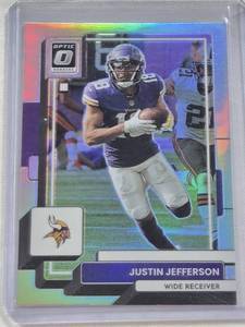 lot 130 image: Justin Jefferson 2022 Panini Donruss Optic Prizm Silver Holo #129 - Minnesota Vikings Football Card