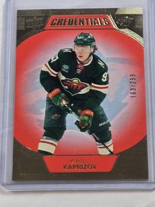 lot 133 image: Kirill Kaprizov 2022-23 Upper Deck Credentials Gold #42 and Numbered 163299 - Minnesota Wild Hockey Card
