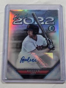 lot 135 image: Brooks Lee Rookie Auto 2022 Bowman Chrome Refractor #C22A-BL and Numbered 125250 - Minnesota Twins Baseball Card