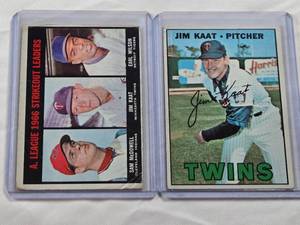 lot 141 image: Lot of 2 Jim Kaat Baseball Cards Including 1966 Topps Strikeout Leaders and 1967 Topps #300 - Minnesota Twins Vintage Baseball Cards