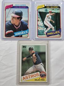 lot 183 image: Lot of 3 Baseball Cards Featuring 1980 Steve Carlton #210, 1980 Rod Carew #700, and 1985 Nolan Ryan #760
