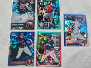 lot 212 image: Lot of 5  Minnesota Twins Baseball Cards Tanner Schobel Auto, Jose Miranda 128199, Aaron Sabato 1st Bowman, Ariel Castro 78199, and Danny De Andrade 1st Bowman