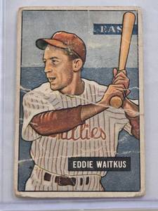 lot 262 image: Eddie Waitkus 1951 Bowman #28 - Philadelphia Phillies Vintage Baseball Card