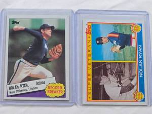 lot 278 image: Lot of 2 Nolan Ryan Baseball Cards Featuring 1985 Topps Record Breaker #7 and 1983 Topps Super Veteran #361-  Vintage Baseball Cards