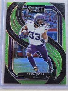 lot 286 image: Aaron Jones 2024 Panini Select Green Refractor Prizm SP #102 and Numbered 2349 - Minnesota Vikings Football Card