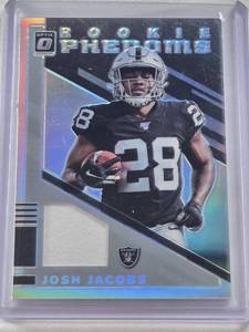 lot 312 image: Josh Jacobs Rookie Relic 2019 Panini Donruss Optic Phenom Refractor Prizm #RP8 - Las Vegas Raiders Football Card