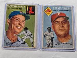 lot 347 image: Lot of 2 Vintage Baseball Cards Featuring Buster Mills Topps 1954 #227 and Steve ONeill Topps 1954 #127