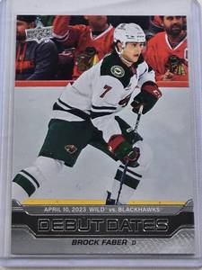 lot 376 image: Brock Faber 2023-24 Upper Deck Debut Dates #DD-15 - Minnesota Wild Hockey Card