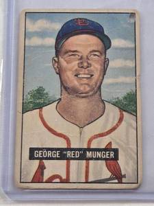 lot 398 image: George Red Munger 1951 Bowman #11 - St. Louis Cardinals Vintage Baseball Card